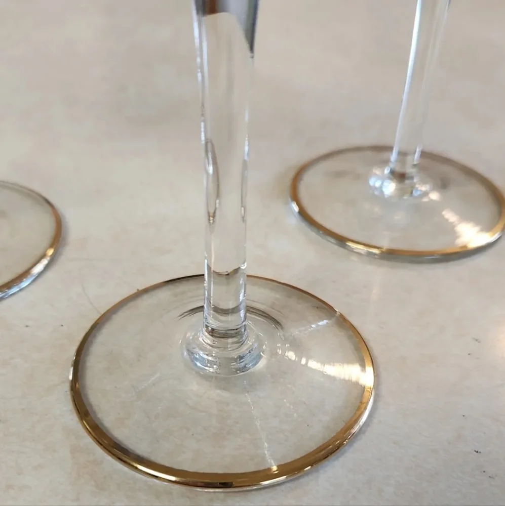 Vtg Romanian Glass Decanter Set 6 Wine Glasses Hand Painted Blue Floral Gold Rim